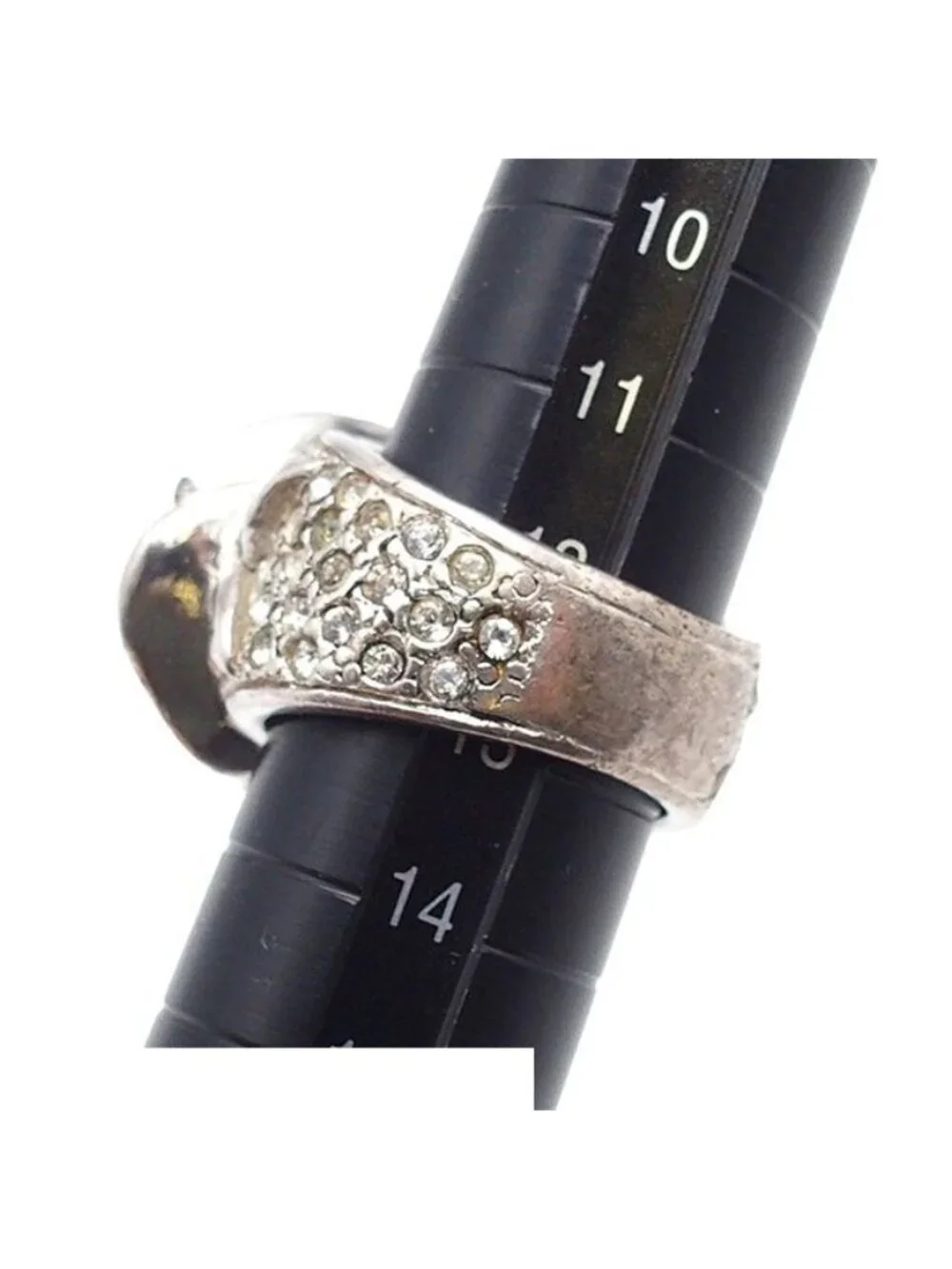 Chanel Camellia Silver Metal CC Logo Rhinestone Ring